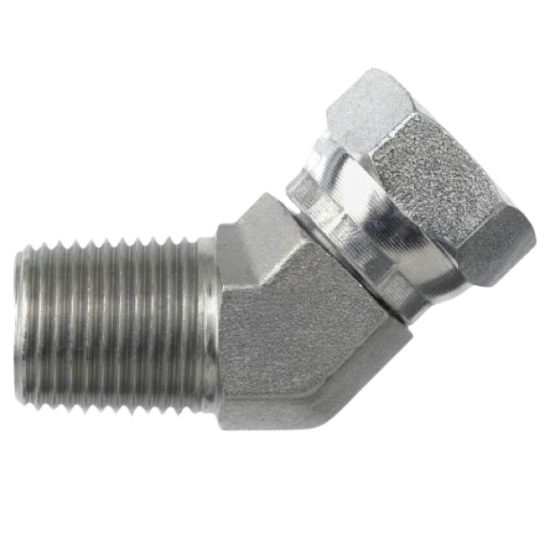 1503-04-04-SS : OneHydraulics 45-Degree Stainless Adapter, 1/4-18 (-04) Male NPTF x 1/4-18 (-04) Female NPSM Swivel, 6000psi