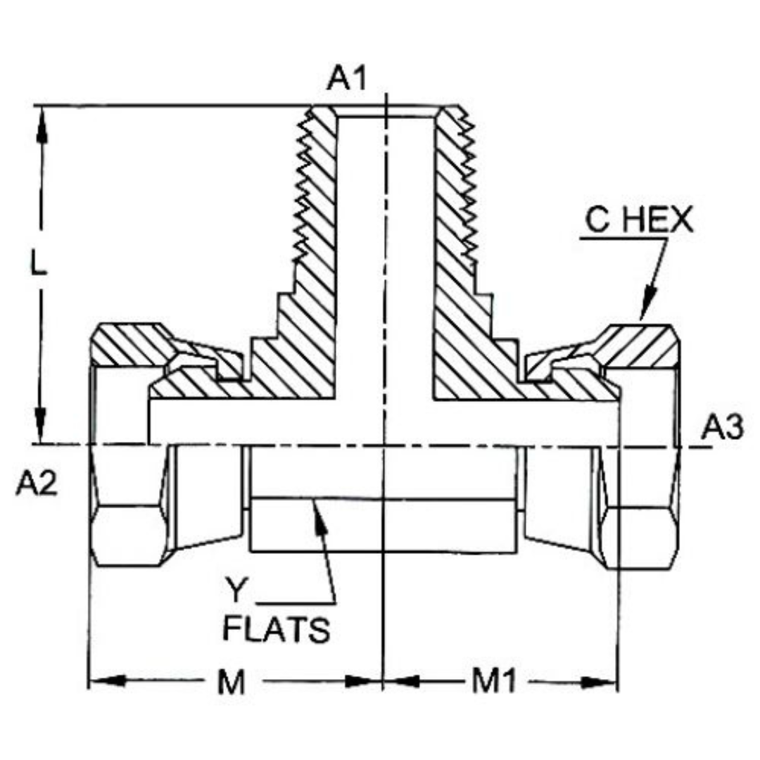 1601-08-06-06-FG : OneHydraulics Tee Steel Adapter, 1/2-14 (-08) Male NPTF x 3/8-18 (-06) Female NPSM Swivel x 3/8-18 (-06) Female NPSM Swivel, 4000psi