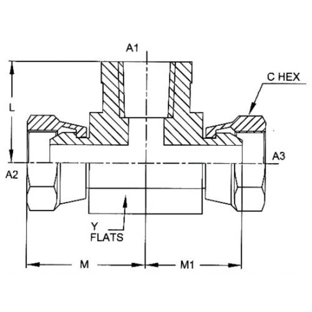 1602-12-08-08-FG : OneHydraulics Tee Steel Adapter, 3/4-14 (-12) Female NPTF x 1/2-14 (-08) Female NPSM Swivel x 1/2-14 (-08) Female NPSM Swivel, 3500psi