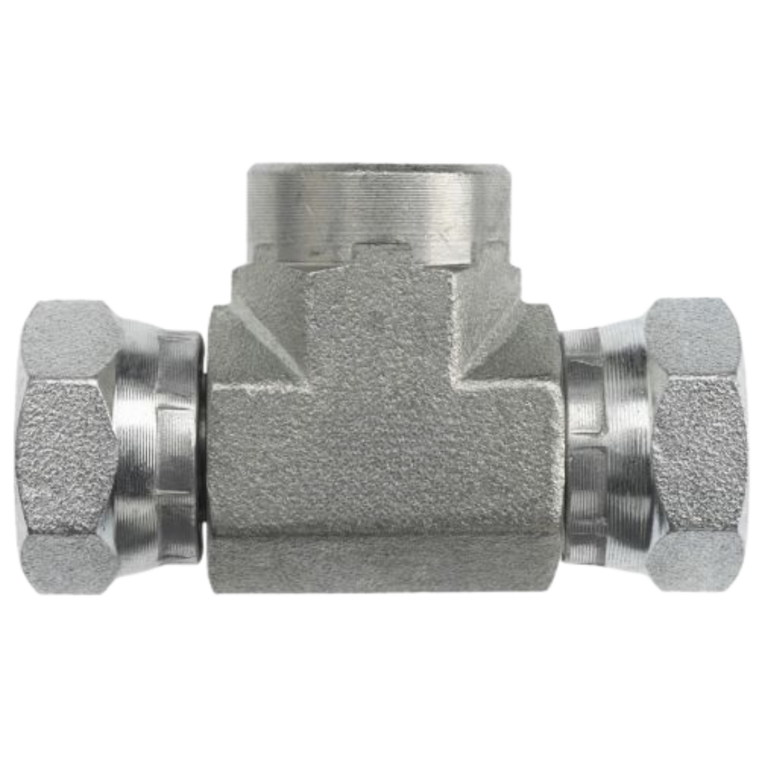 1602-12-08-08-FG : OneHydraulics Tee Steel Adapter, 3/4-14 (-12) Female NPTF x 1/2-14 (-08) Female NPSM Swivel x 1/2-14 (-08) Female NPSM Swivel, 3500psi
