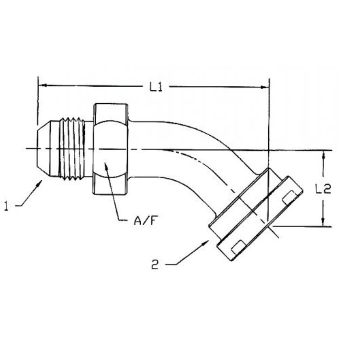 1803-12-20 : OneHydraulics Swept 45-Degree Steel Adapter, 1-1/16-12 (-12) Male JIC x 1.25" (-20) Code 62 Flange Head