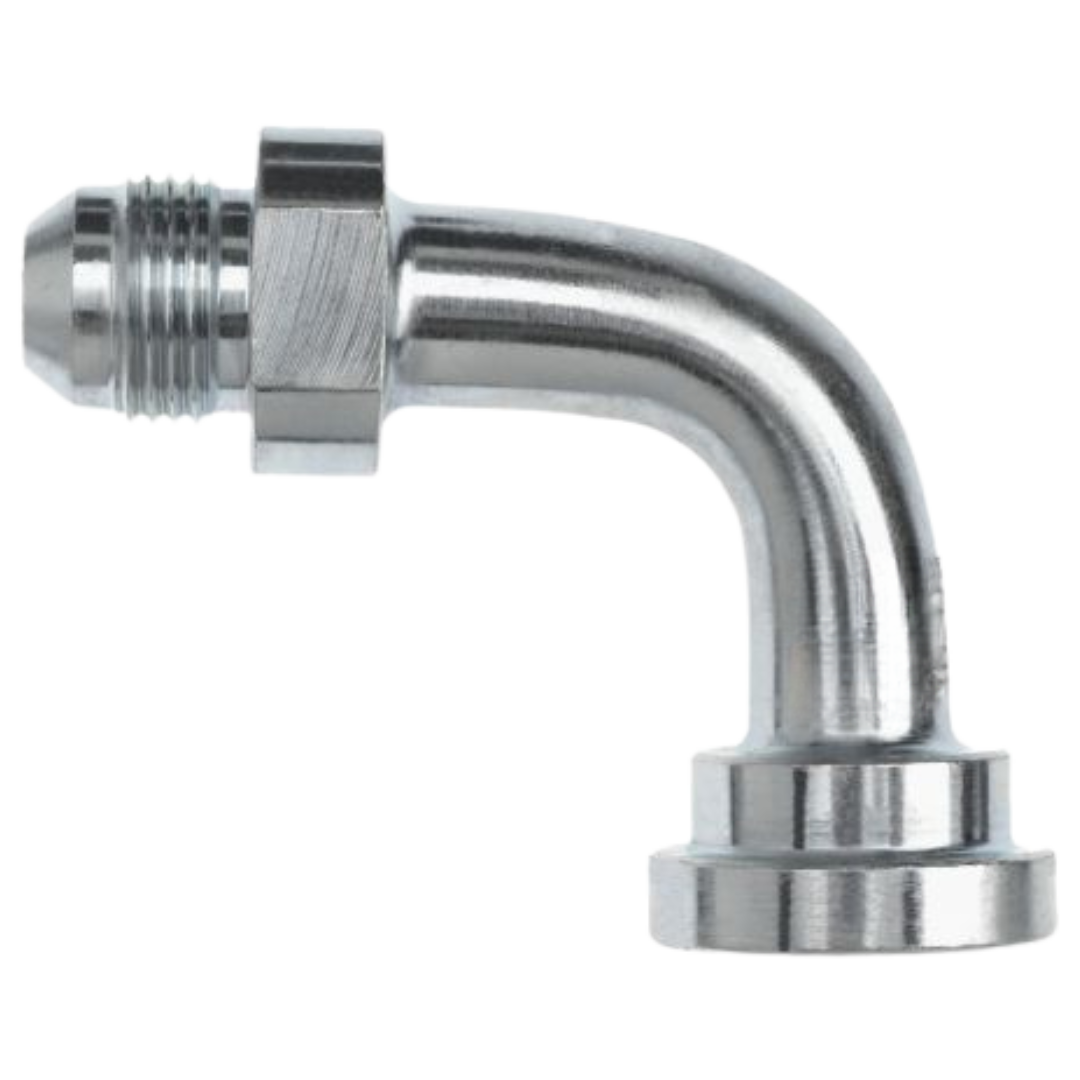 1804-12-12 : OneHydraulics Swept 90-Degree Steel Adapter, 1-1/16-12 (-12) Male JIC x 3/4" (-12) Code 62 Flange Head