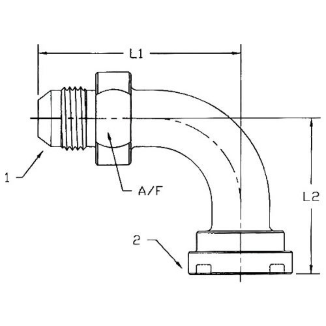 1704-32-32 : OneHydraulics 90-Degree Steel Adapter, 2-1/2-12 (-32) Male JIC x 2" (-32) Code 61 Flange Head