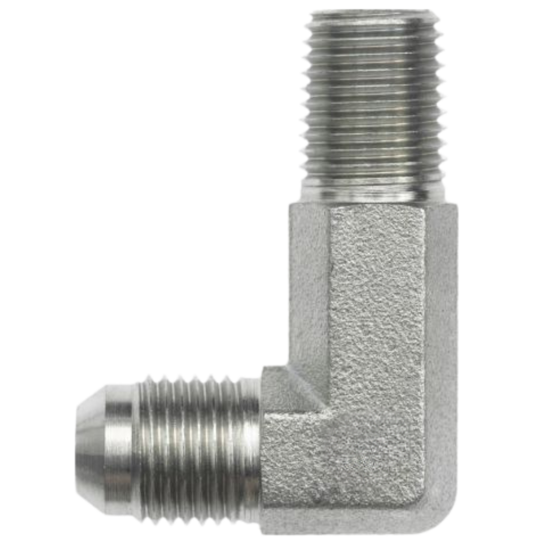 2501-L-12-12-SS : OneHydraulics 90-Degree Stainless Long Adapter, 1-1/16-12 (-12) Male JIC x 3/4-14 (-12) Male NPT, 6000psi