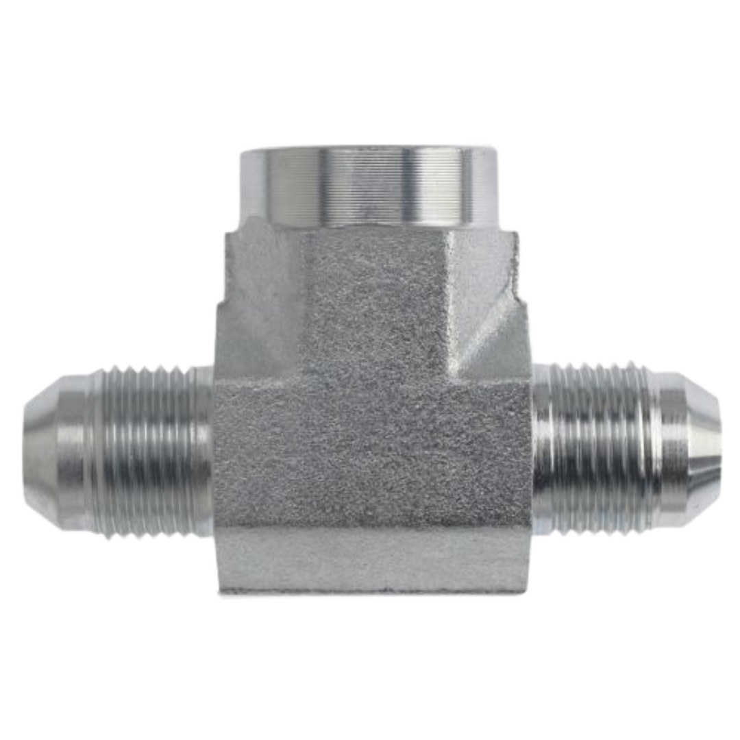 2602-14-14-12-FG : OneHydraulics Tee Steel Adapter, 1-3/16-12 (-14) Male JIC x 1-3/16-12 (-14) Male JIC x 3/4-14 (-12) Female NPT, 4000psi