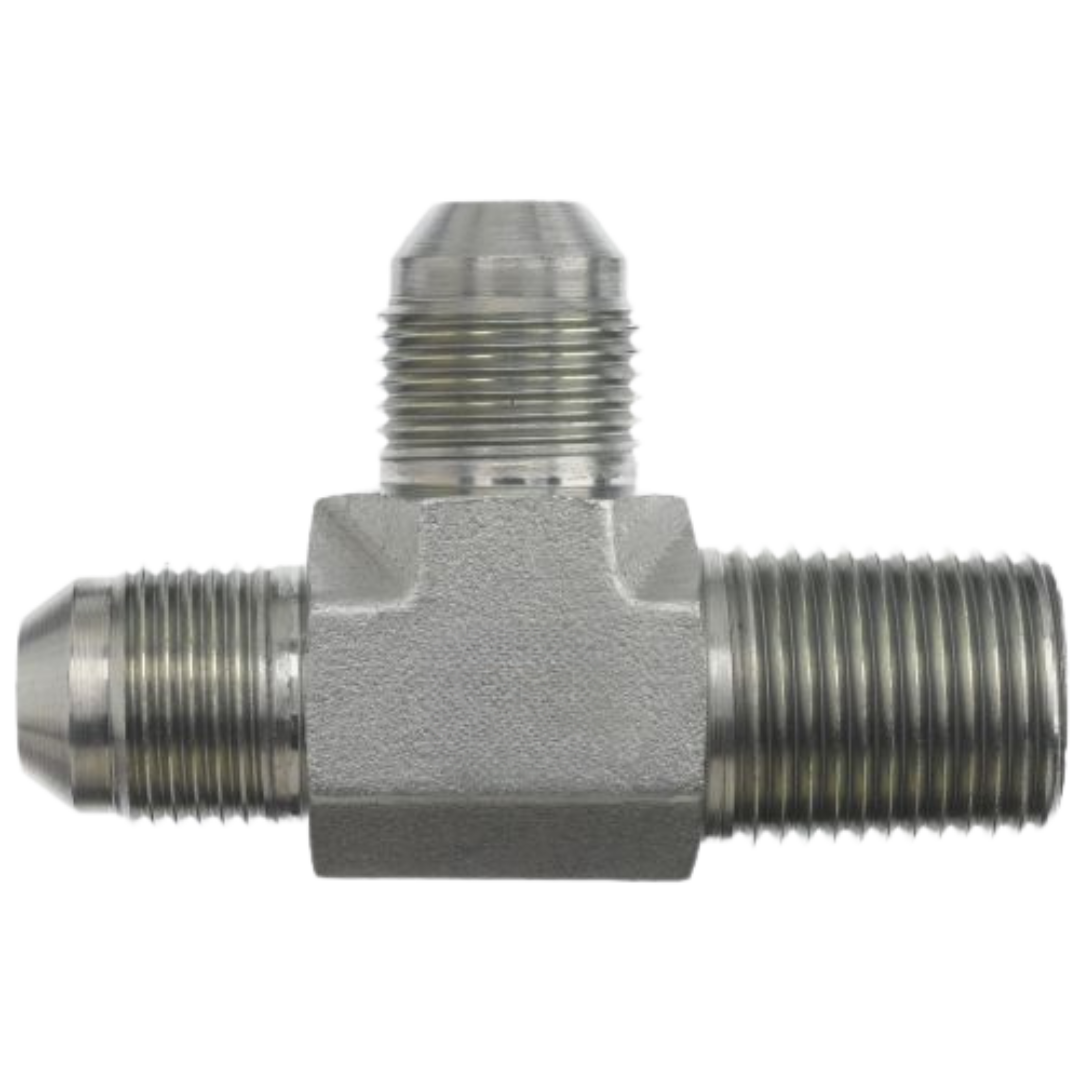 2605-08-08-08-SS : OneHydraulics Tee Stainless Adapter, 3/4-16 (-08) Male JIC x 1/2-14 (-08) Male NPT x 3/4-16 (-08) Male JIC, 7200psi