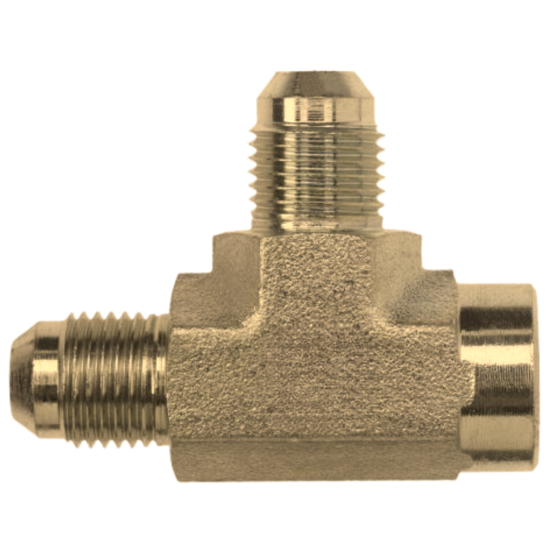 2606-06-04-06-B : OneHydraulics Tee Brass Adapter, 9/16-18 (-06) Male JIC x 1/4-18 (-04) Female NPT x 9/16-18 (-06) Male JIC, 3300psi