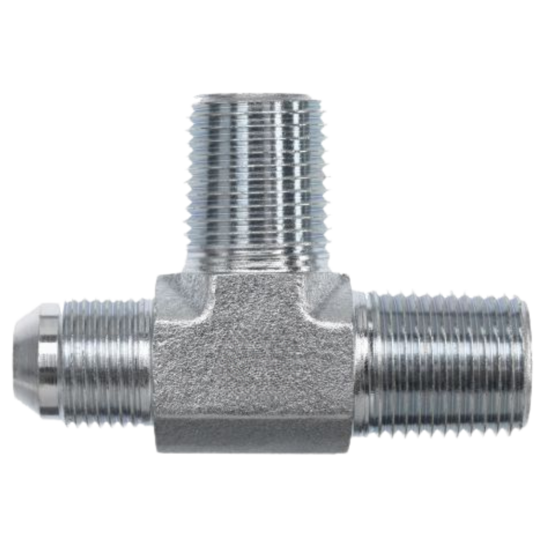 2607-06-06-06-FG : OneHydraulics Tee Steel Adapter, 9/16-18 (-06) Male JIC x 3/8-18 (-06) Male NPT x 3/8-18 (-06) Male NPT, 6000psi