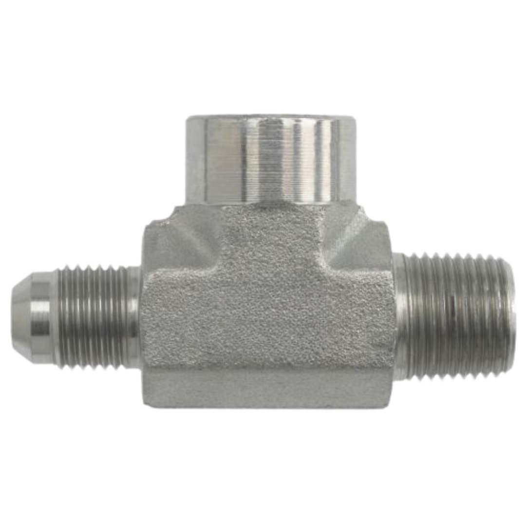 2611-08-08-08-FG : OneHydraulics Tee Steel Adapter, 3/4-16 (-08) Male JIC x 1/2-14 (-08) Male NPT x 1/2-14 (-08) Female NPT, 5000psi