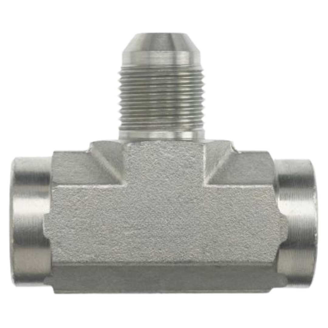 2612-04-04-06-FG : OneHydraulics Tee Steel Adapter, 1/4-18 (-04) Female NPT x 1/4-18 (-04) Female NPT x 9/16-18 (-06) Male JIC, 6000psi