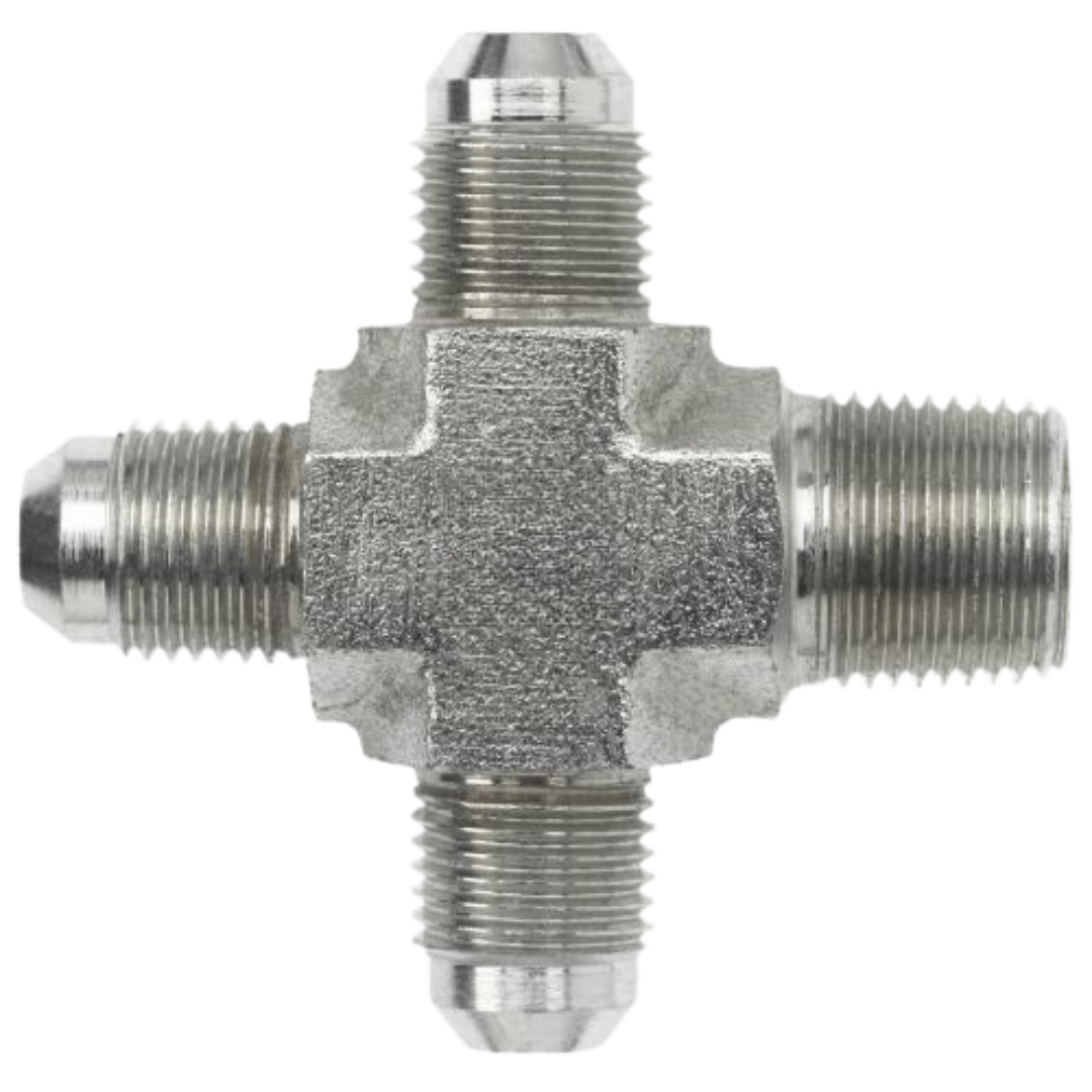 2651-08-08-08-08-FG : OneHydraulics Cross Steel Adapter, 3/4-16 (-08) Male JIC x 1/2-14 (-08) Male NPT x 3/4-16 (-08) Male JIC x 3/4-16 (-08) Male JIC, 6000psi