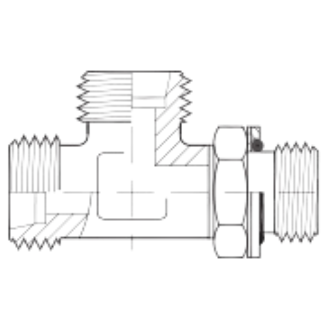 5158L-08-08-04 : Adaptall Run Tee Steel Adapter, M14 X 1.5 (-L08) Male Light Duty DIN x M14 X 1.5 (-L08) Male Light Duty DIN x 1/4-19 (-04) Male Adjustable BSPP