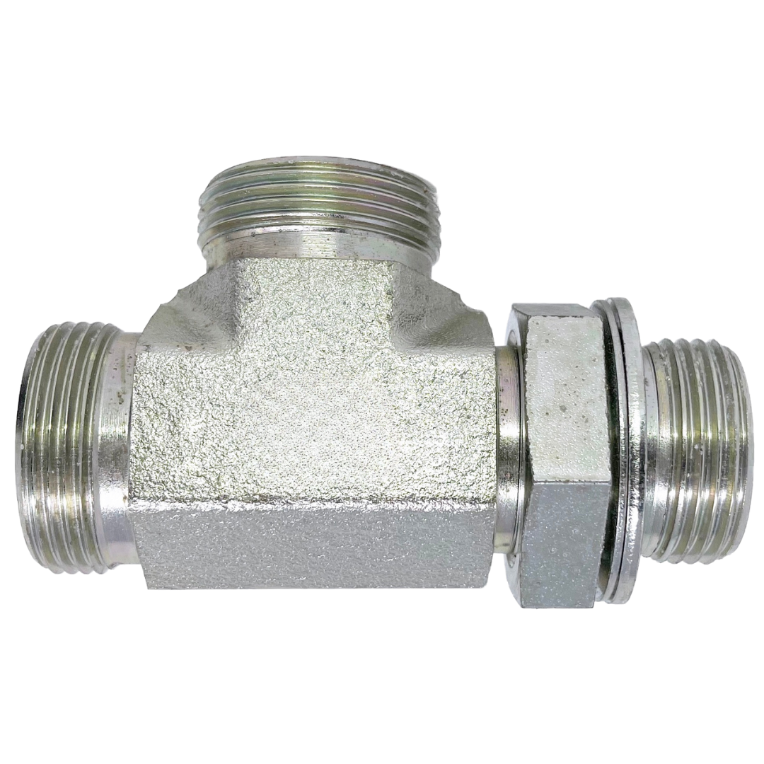 5158L-08-08-04 : Adaptall Run Tee Steel Adapter, M14 X 1.5 (-L08) Male Light Duty DIN x M14 X 1.5 (-L08) Male Light Duty DIN x 1/4-19 (-04) Male Adjustable BSPP