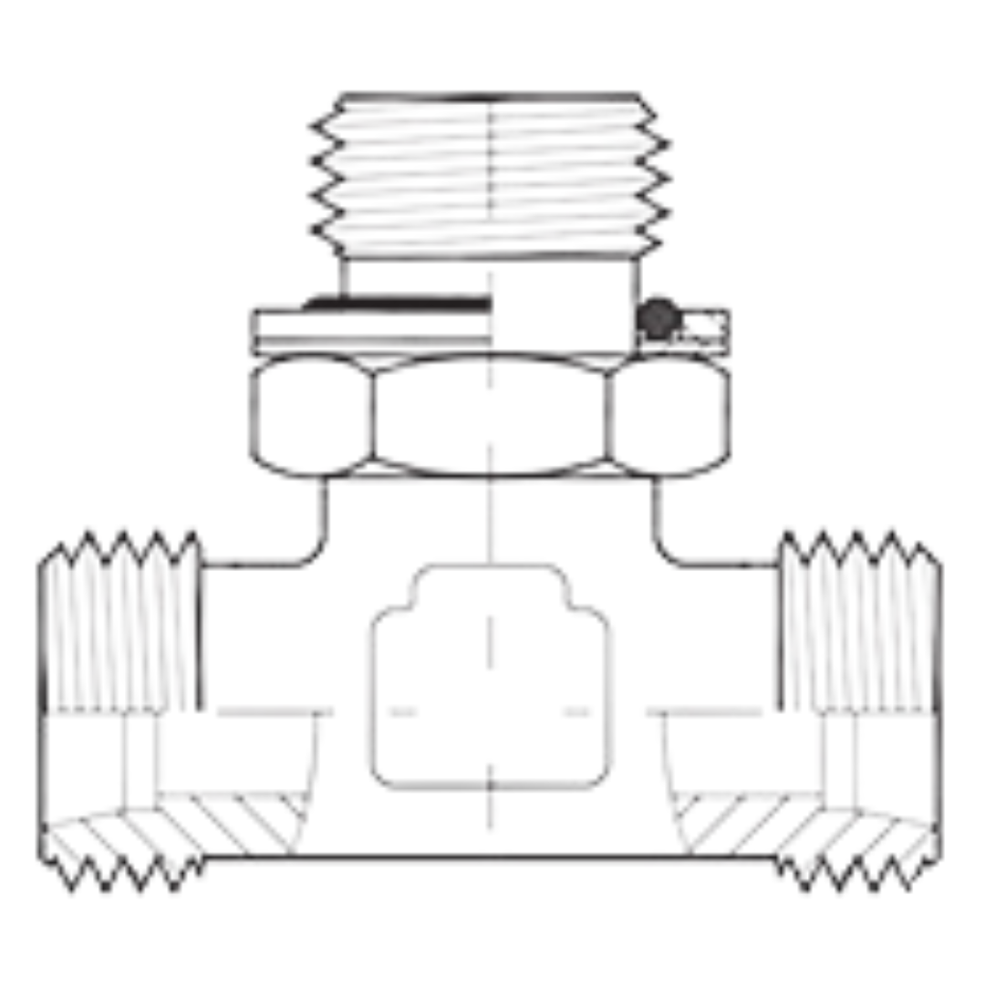 5159L-12-12-06 : Adaptall Branch Tee Steel Adapter, M18 X 1.5 (-L12) Male Light Duty DIN x M18 X 1.5 (-L12) Male Light Duty DIN x 3/8-19 (-06) Male Adjustable BSPP