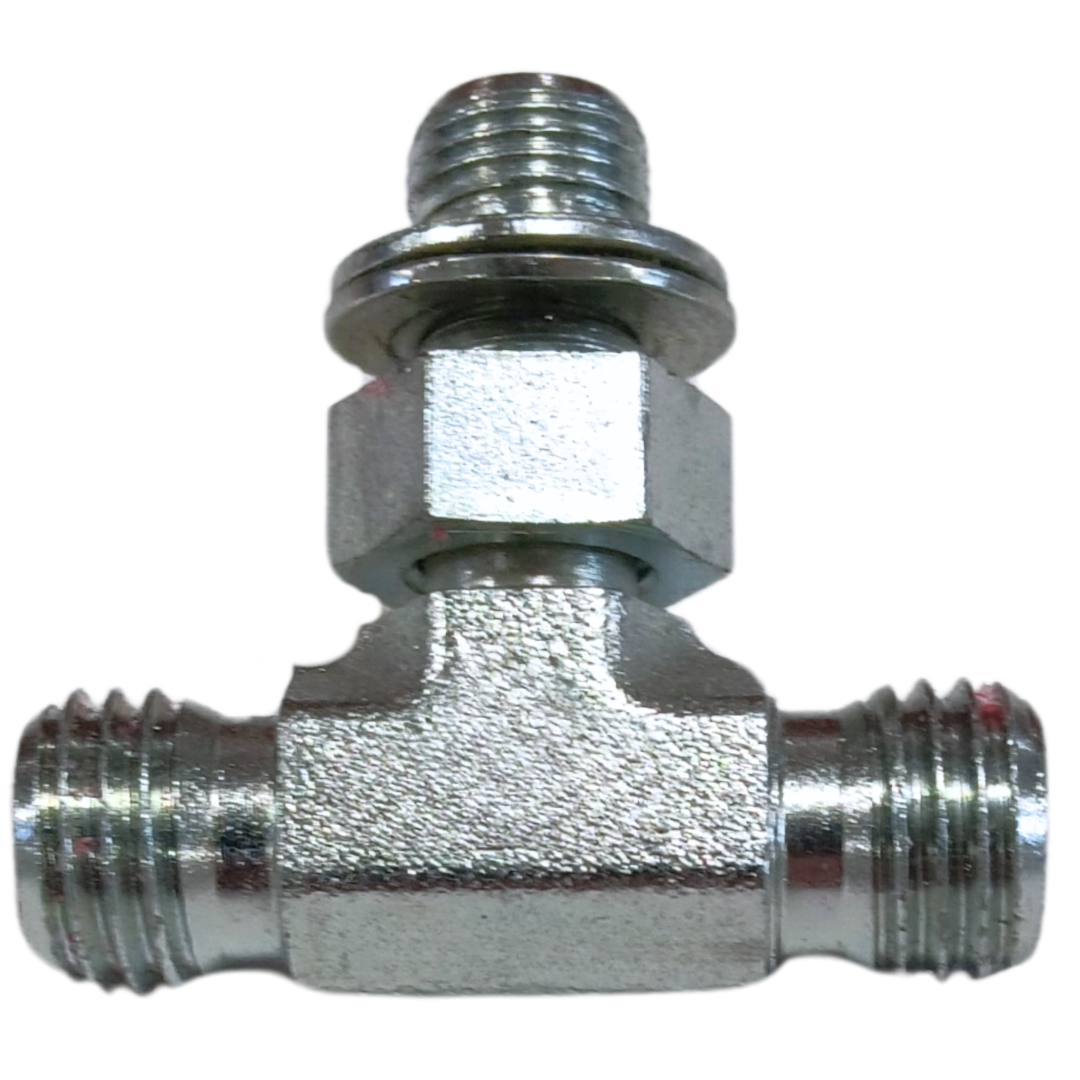 5159L-12-12-06 : Adaptall Branch Tee Steel Adapter, M18 X 1.5 (-L12) Male Light Duty DIN x M18 X 1.5 (-L12) Male Light Duty DIN x 3/8-19 (-06) Male Adjustable BSPP