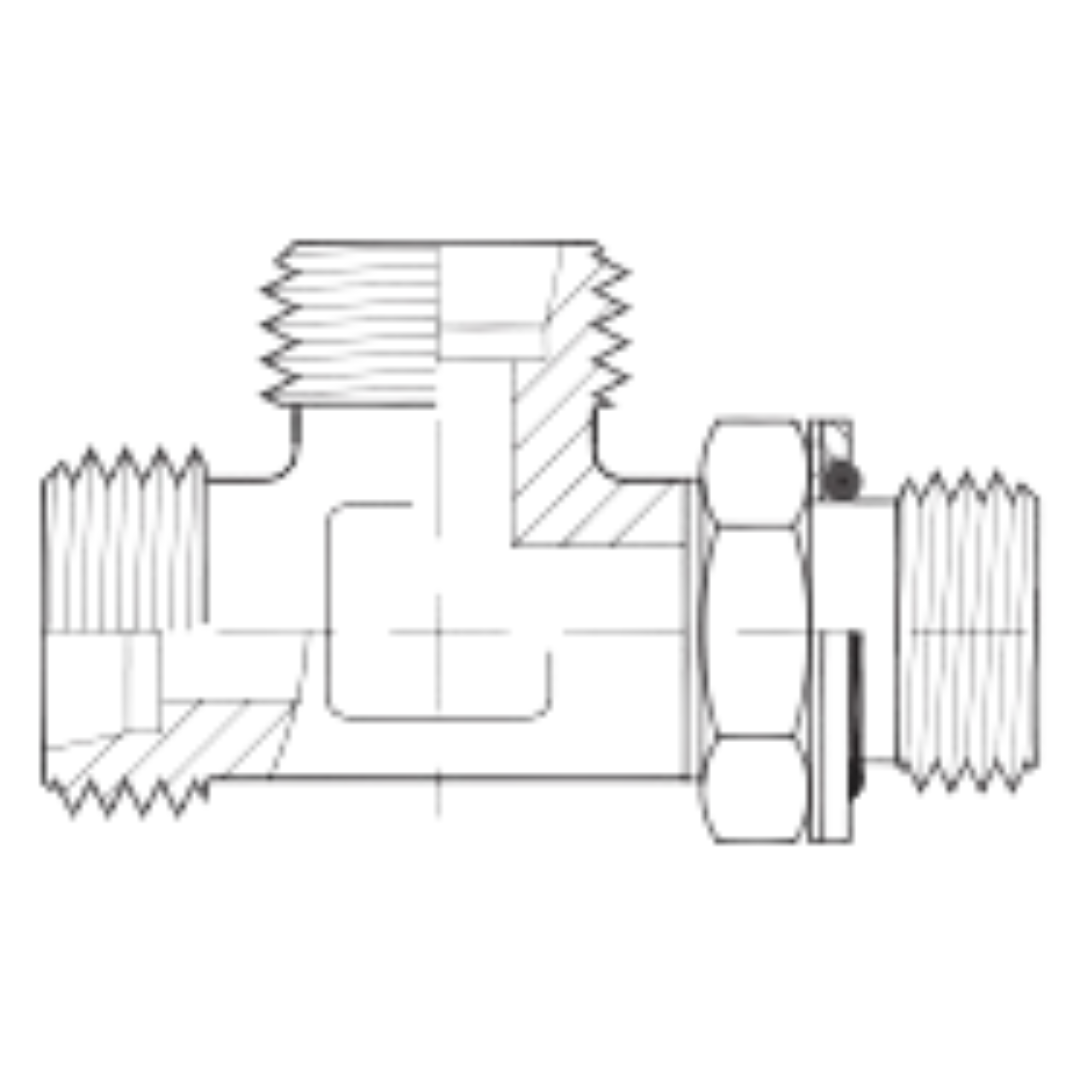 5168S-14-14-20 : Adaptall Run Tee Steel Adapter, M22 X 1.5 (-S14) Male Heavy Duty DIN x M22 X 1.5 (-S14) Male Heavy Duty DIN x M20 X 1.5 (20mm) Male Adjustable Metric