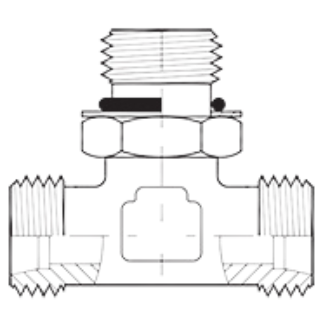 5179L-28-28-16 : Adaptall Branch Tee Steel Adapter, M36 X 2.0 (-L28) Male Light Duty DIN x M36 X 2.0 (-L28) Male Light Duty DIN x 1-5/16-12 (-16) Male Adjustable ORB