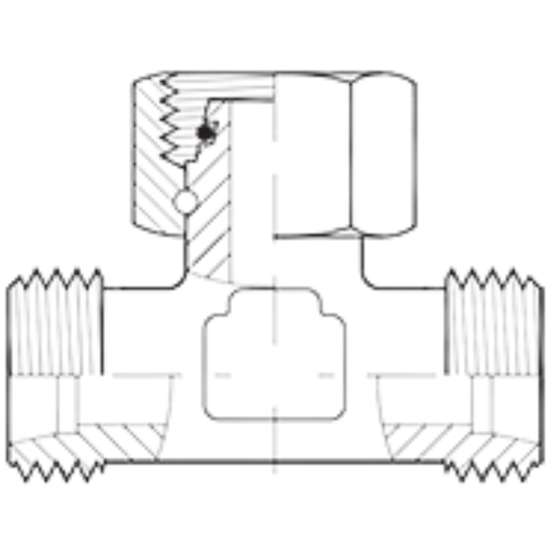 5387L-42 : Adaptall Branch Tee Steel Adapter, M52 X 2.0 (-L42) Male Light Duty DIN x M52 X 2.0 (-L42) Male Light Duty DIN x M52 X 2.0 (-L42) Female Light Duty DIN Swivel