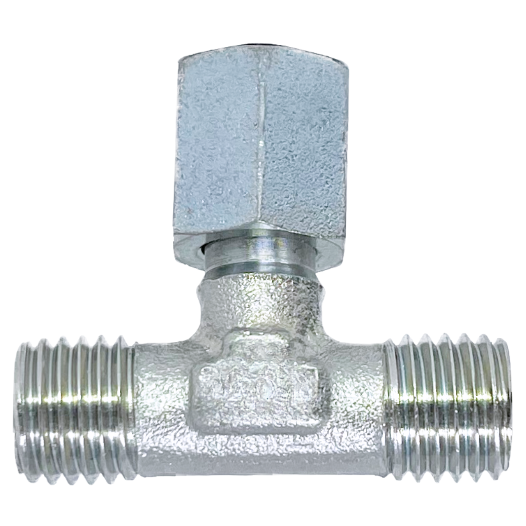 5387L-42 : Adaptall Branch Tee Steel Adapter, M52 X 2.0 (-L42) Male Light Duty DIN x M52 X 2.0 (-L42) Male Light Duty DIN x M52 X 2.0 (-L42) Female Light Duty DIN Swivel