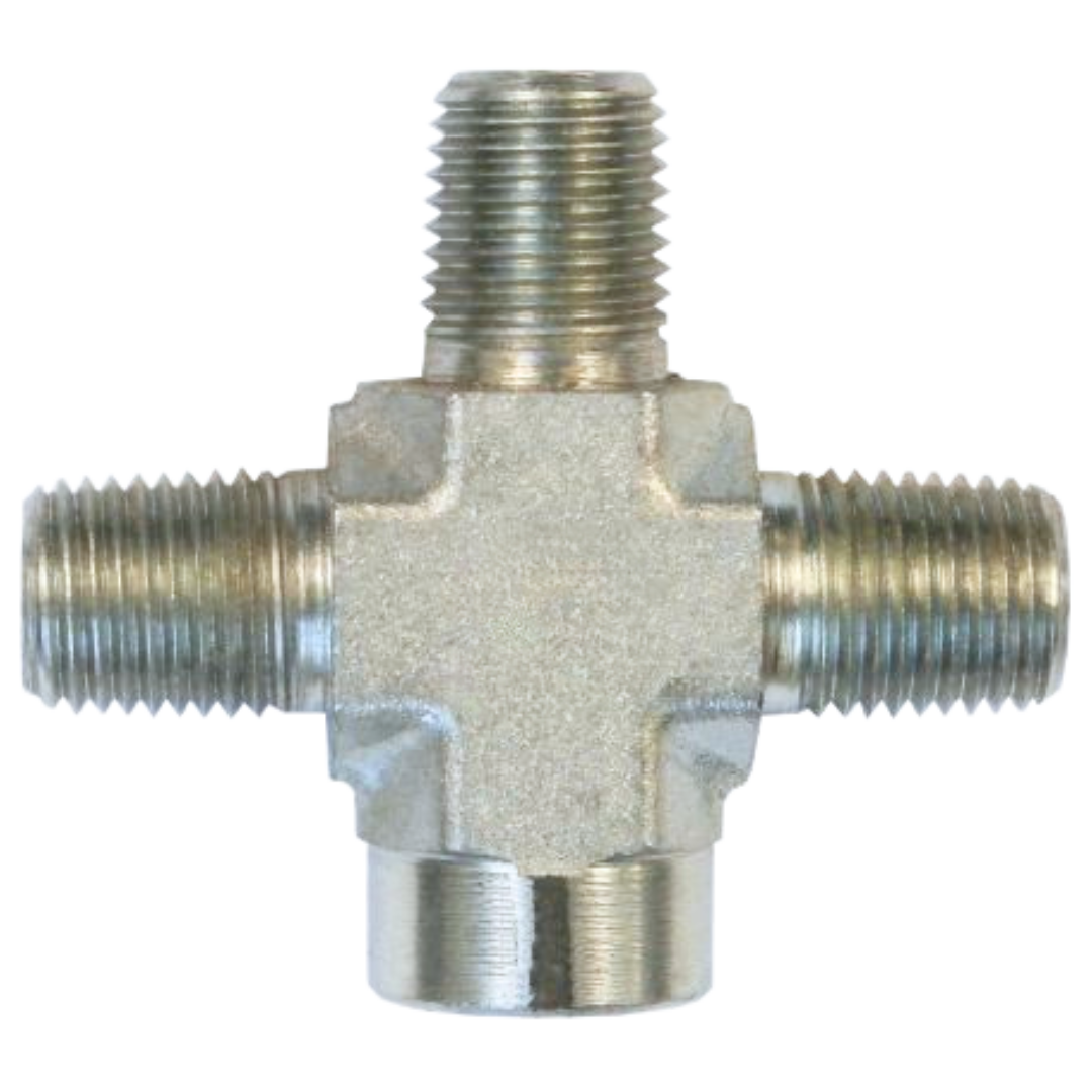 5651-04-04-04-04-FG : OneHydraulics Cross Steel Adapter, 1/4-18 (-04) Male NPT x 1/4-18 (-04) Male NPT x 1/4-18 (-04) Male NPT x 1/4-18 (-04) Female NPT, 6000psi