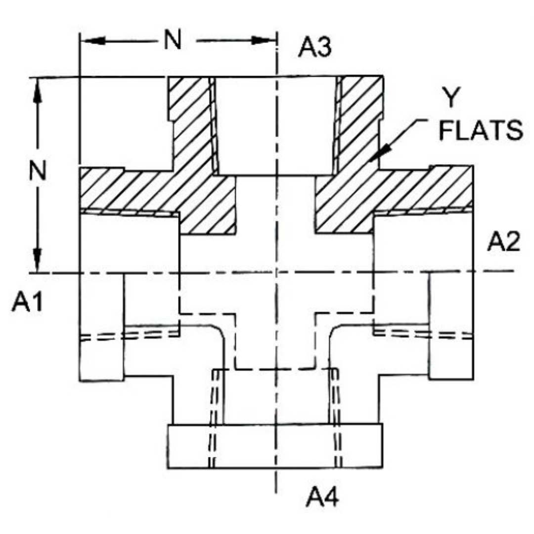 5652-04-04-04-04-B : OneHydraulics Cross Brass Adapter, 1/4-18 (-04) Female NPT x 1/4-18 (-04) Female NPT x 1/4-18 (-04) Female NPT x 1/4-18 (-04) Female NPT, 3900psi