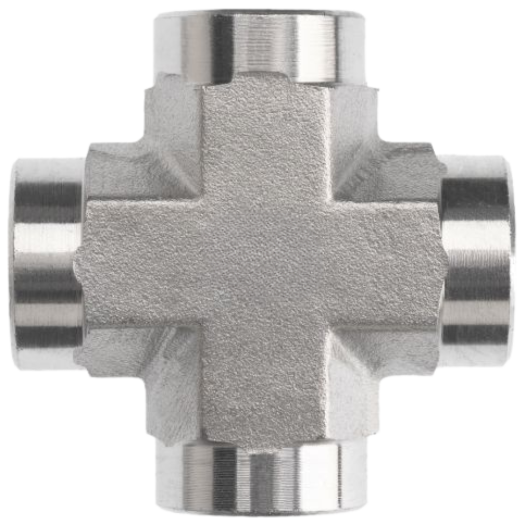 5652-24-24-24-24-FG : OneHydraulics Cross Steel Adapter, 1-1/2-11-1/2 (-24) Female NPT x 1-1/2-11-1/2 (-24) Female NPT x 1-1/2-11-1/2 (-24) Female NPT x 1-1/2-11-1/2 (-24) Female NPT, 2000psi