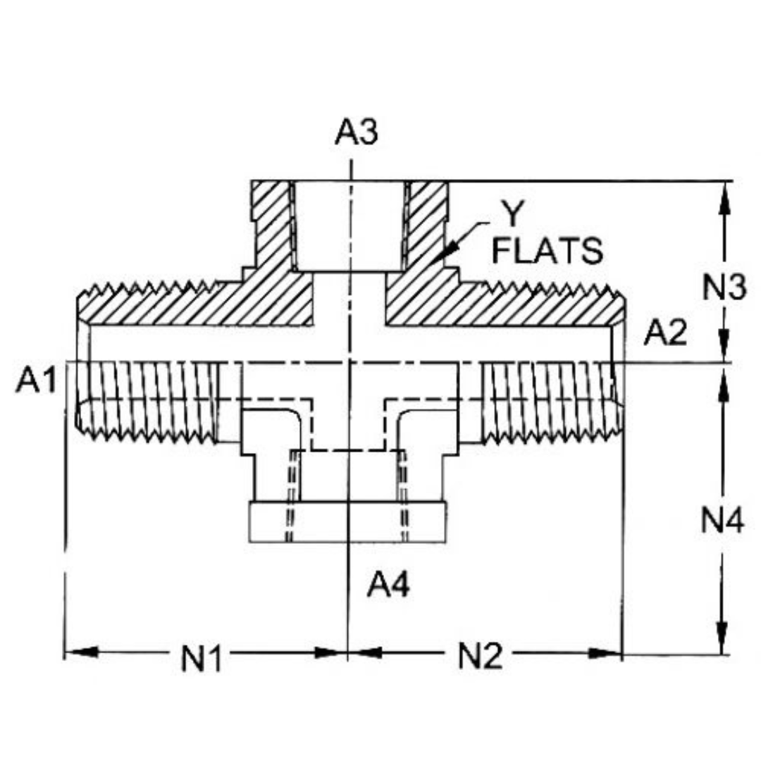 5653-06-06-06-06-FG : OneHydraulics Cross Steel Adapter, 3/8-18 (-06) Male NPT x 3/8-18 (-06) Male NPT x 3/8-18 (-06) Female NPT x 3/8-18 (-06) Female NPT, 6000psi