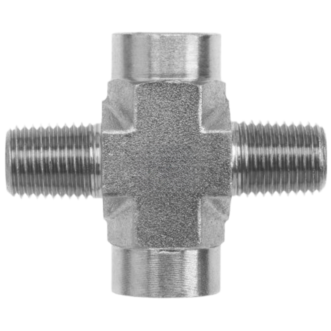 5653-06-06-06-06-FG : OneHydraulics Cross Steel Adapter, 3/8-18 (-06) Male NPT x 3/8-18 (-06) Male NPT x 3/8-18 (-06) Female NPT x 3/8-18 (-06) Female NPT, 6000psi