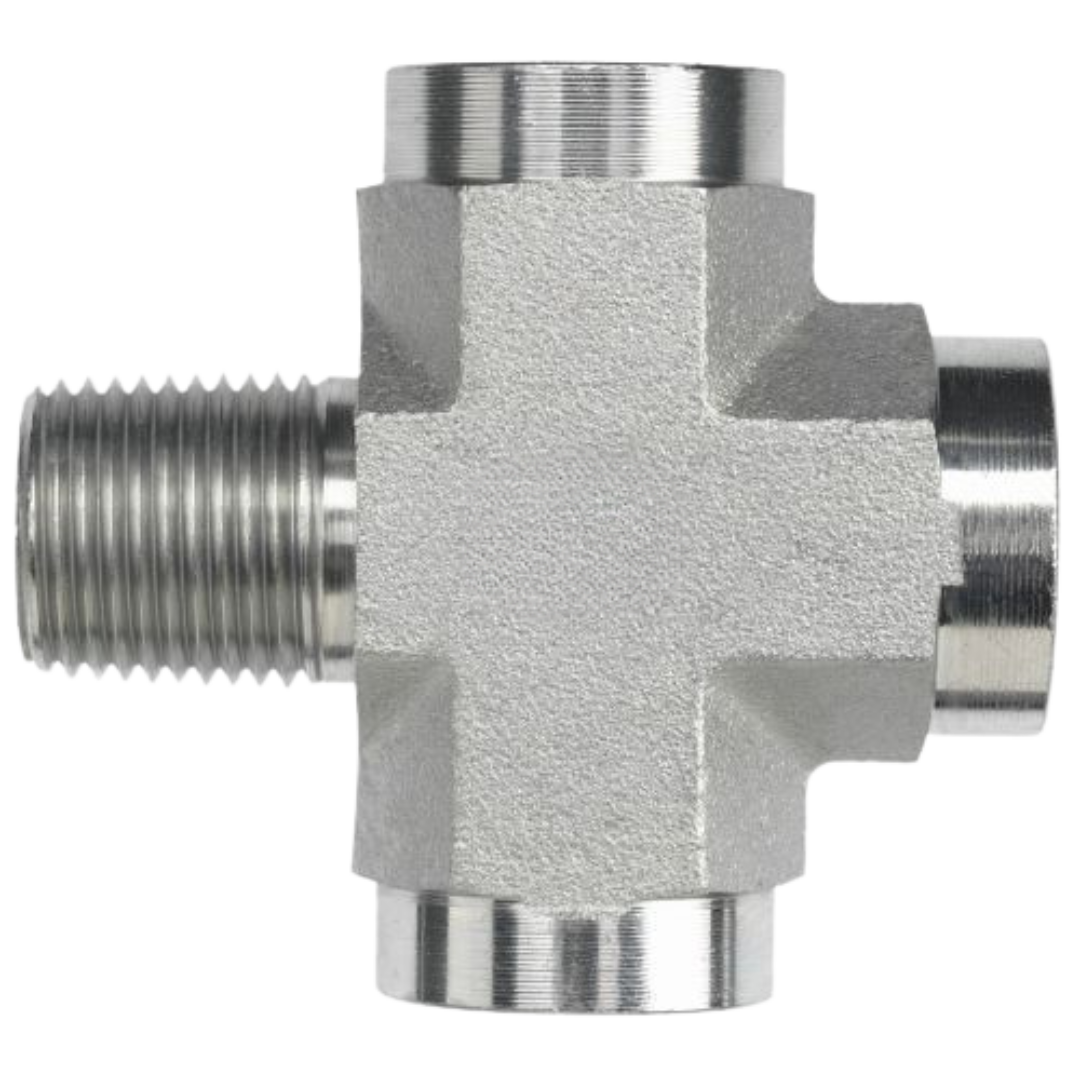 5655-16-16-16-16-FG : OneHydraulics Cross Steel Adapter, 1-11-1/2 (-16) Male NPT x 1-11-1/2 (-16) Female NPT x 1-11-1/2 (-16) Female NPT x 1-11-1/2 (-16) Female NPT, 3000psi