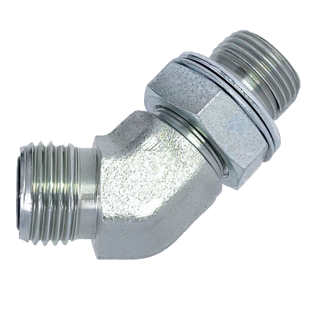 6058-06-06 : Adaptall 45-Degree Steel Adapter, 11/16-16 (-06) Male ORFS x 3/8-19 (-06) Male Adjustable BSPP