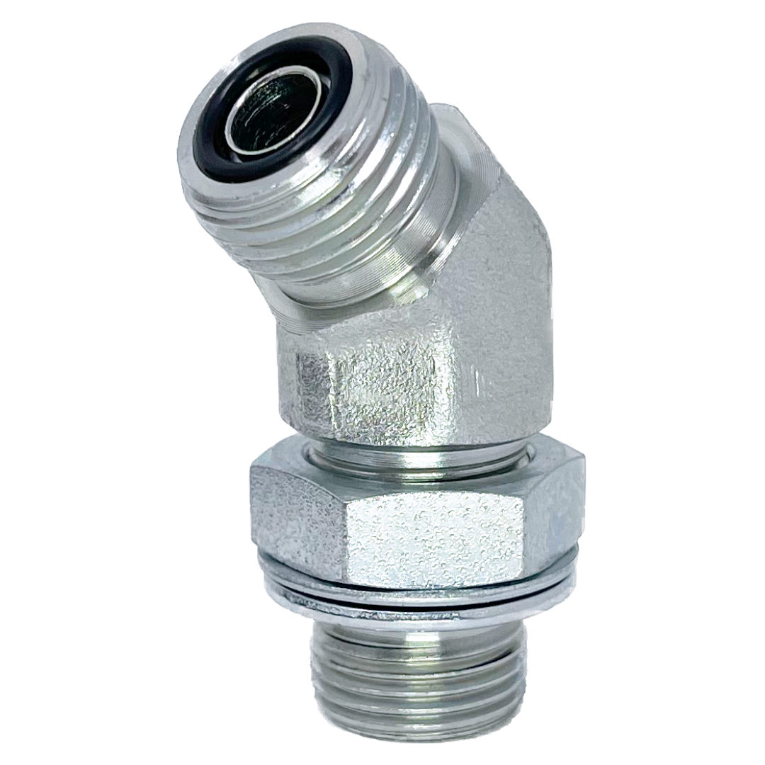 6058-06-06 : Adaptall 45-Degree Steel Adapter, 11/16-16 (-06) Male ORFS x 3/8-19 (-06) Male Adjustable BSPP