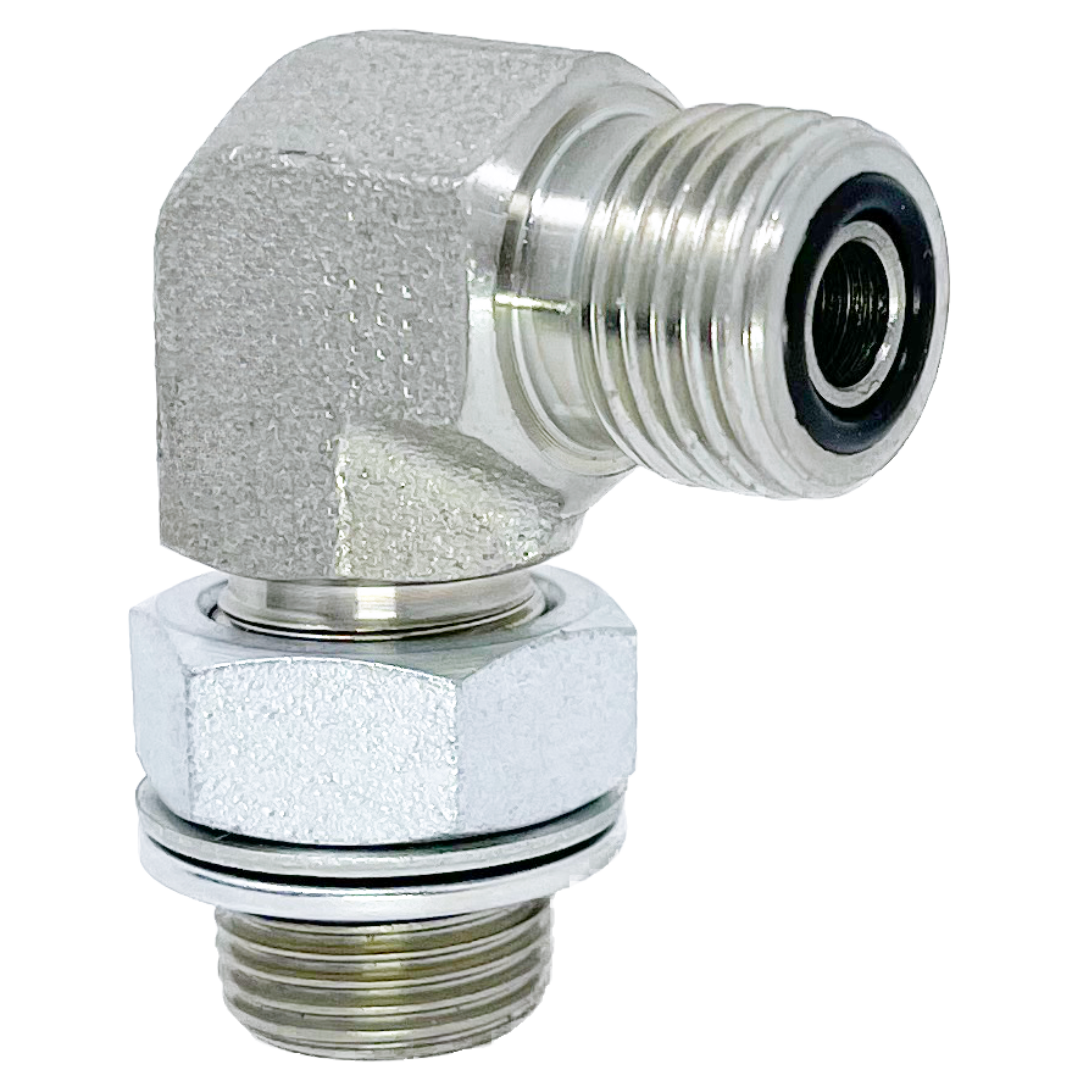 6059-04-04 : OneHydraulics 90-Degree Steel Adapter, 9/16-18 (-04) Male ORFS x 1/4-19 (-04) Male Adjustable BSPP