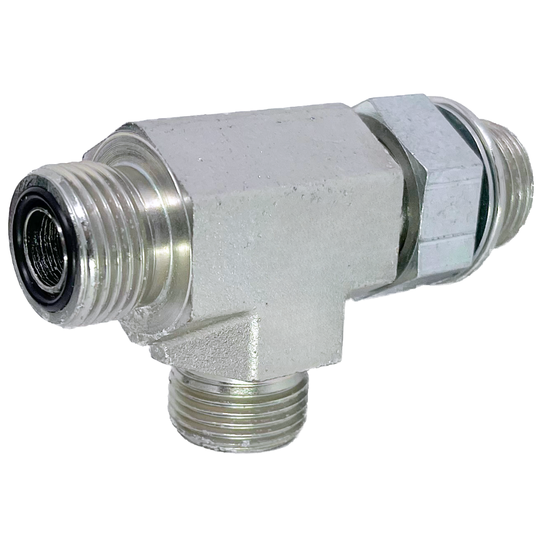 6158-10-10-08 : Adaptall Run Tee Steel Adapter, 1-14 (-10) Male ORFS x 1-14 (-10) Male ORFS x 1/2-14 (-08) Male Adjustable BSPP