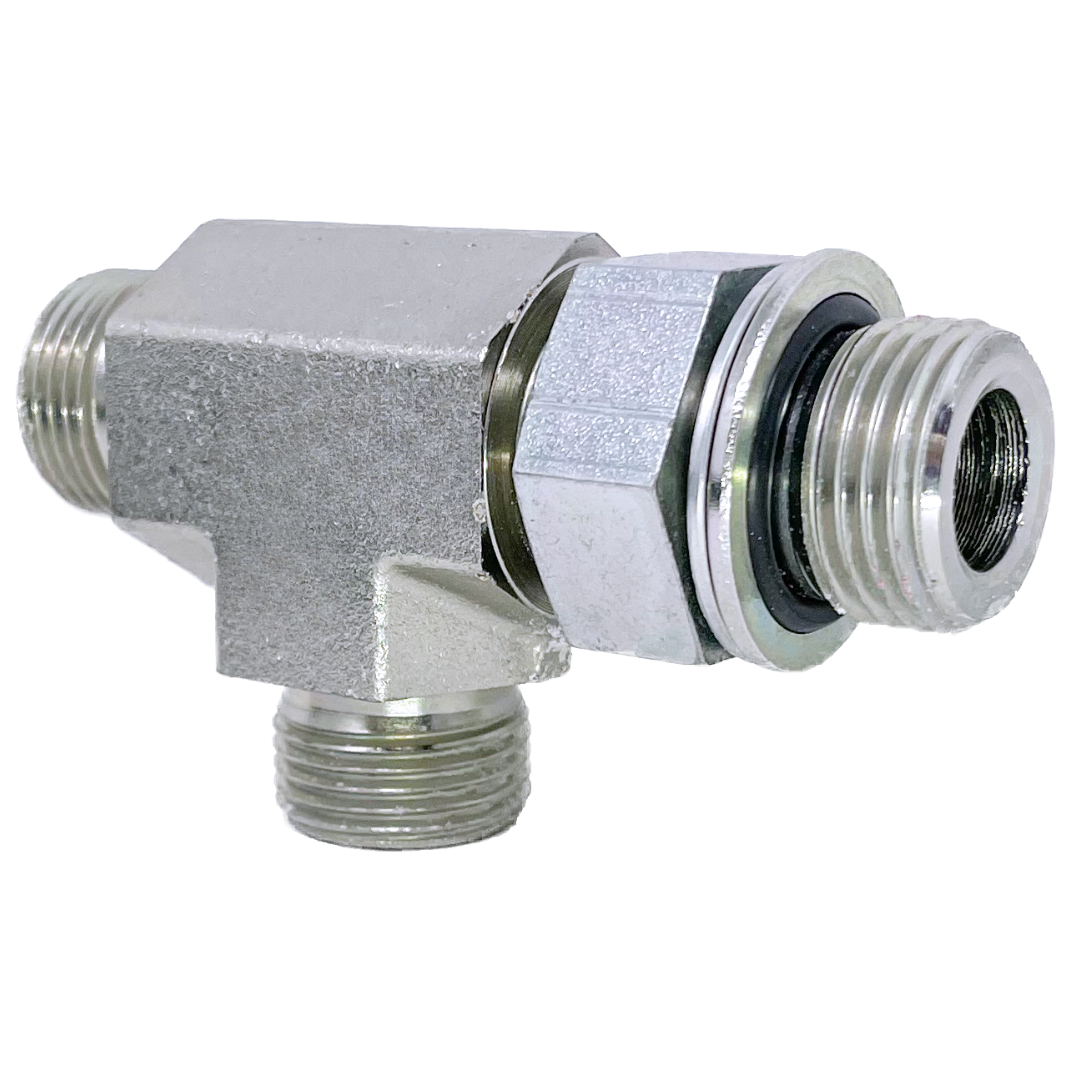 6158-10-10-08 : Adaptall Run Tee Steel Adapter, 1-14 (-10) Male ORFS x 1-14 (-10) Male ORFS x 1/2-14 (-08) Male Adjustable BSPP