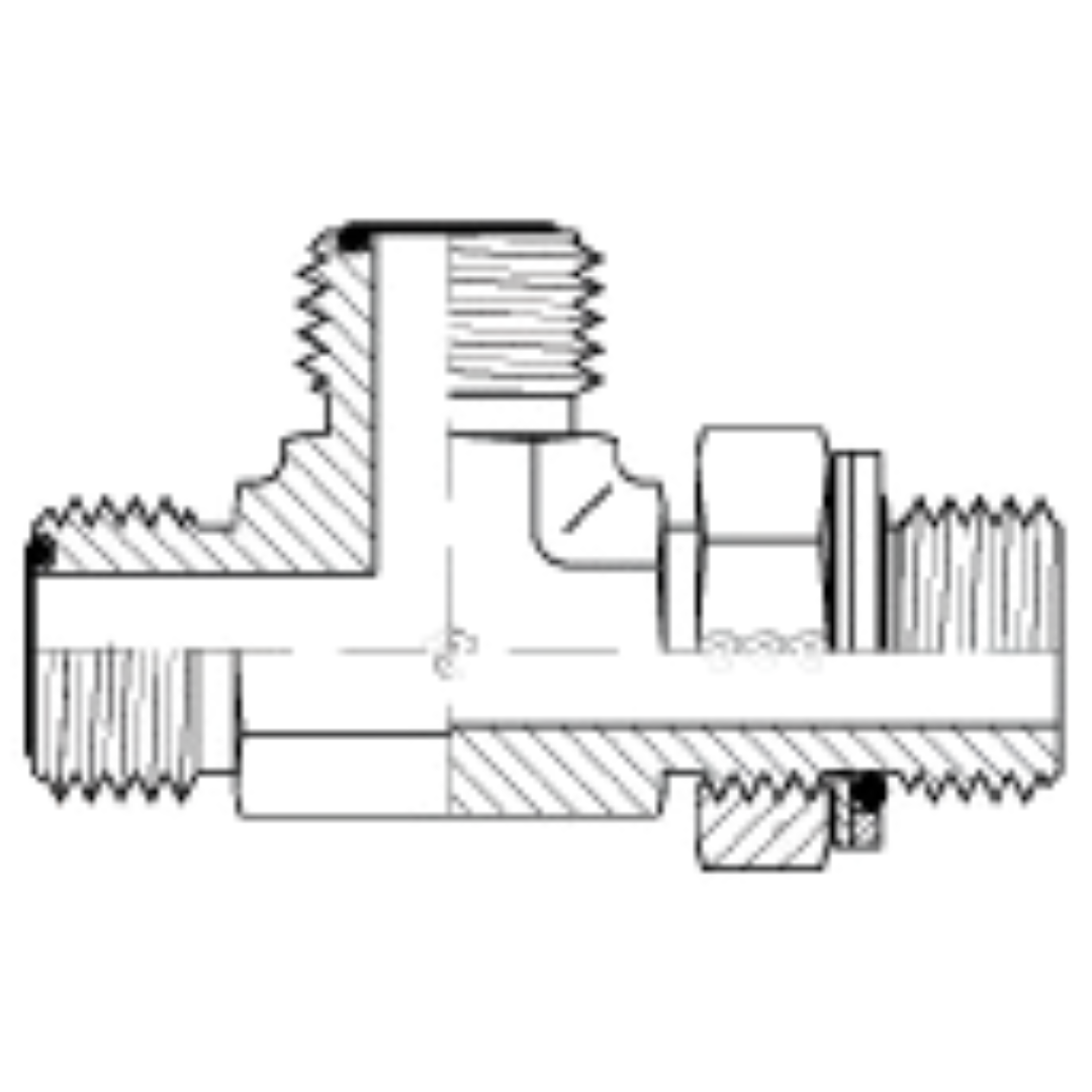 6158-10-10-08 : Adaptall Run Tee Steel Adapter, 1-14 (-10) Male ORFS x 1-14 (-10) Male ORFS x 1/2-14 (-08) Male Adjustable BSPP