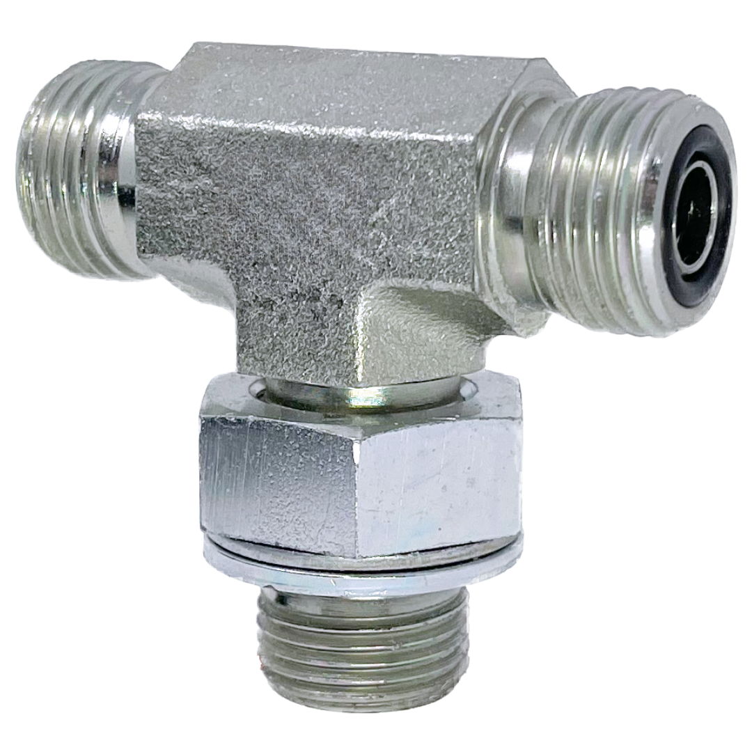6159-10-10-08 : Adaptall Branch Tee Steel Adapter, 1-14 (-10) Male ORFS x 1-14 (-10) Male ORFS x 1/2-14 (-08) Male Adjustable BSPP
