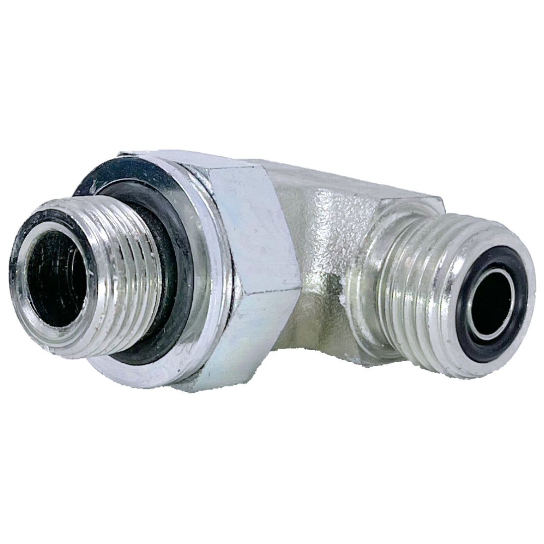 6159-10-10-08 : Adaptall Branch Tee Steel Adapter, 1-14 (-10) Male ORFS x 1-14 (-10) Male ORFS x 1/2-14 (-08) Male Adjustable BSPP