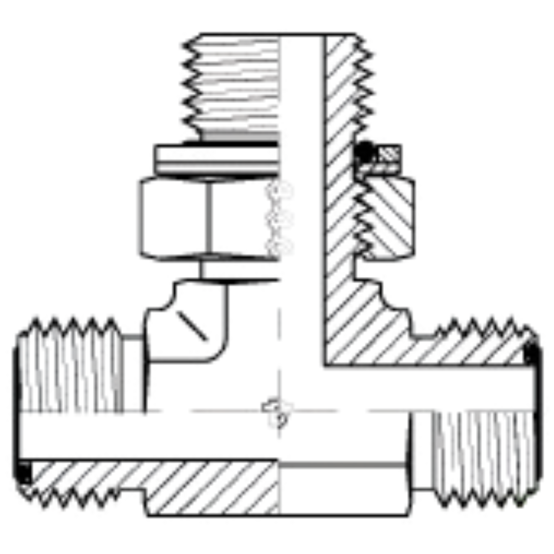 6159-10-10-08 : Adaptall Branch Tee Steel Adapter, 1-14 (-10) Male ORFS x 1-14 (-10) Male ORFS x 1/2-14 (-08) Male Adjustable BSPP