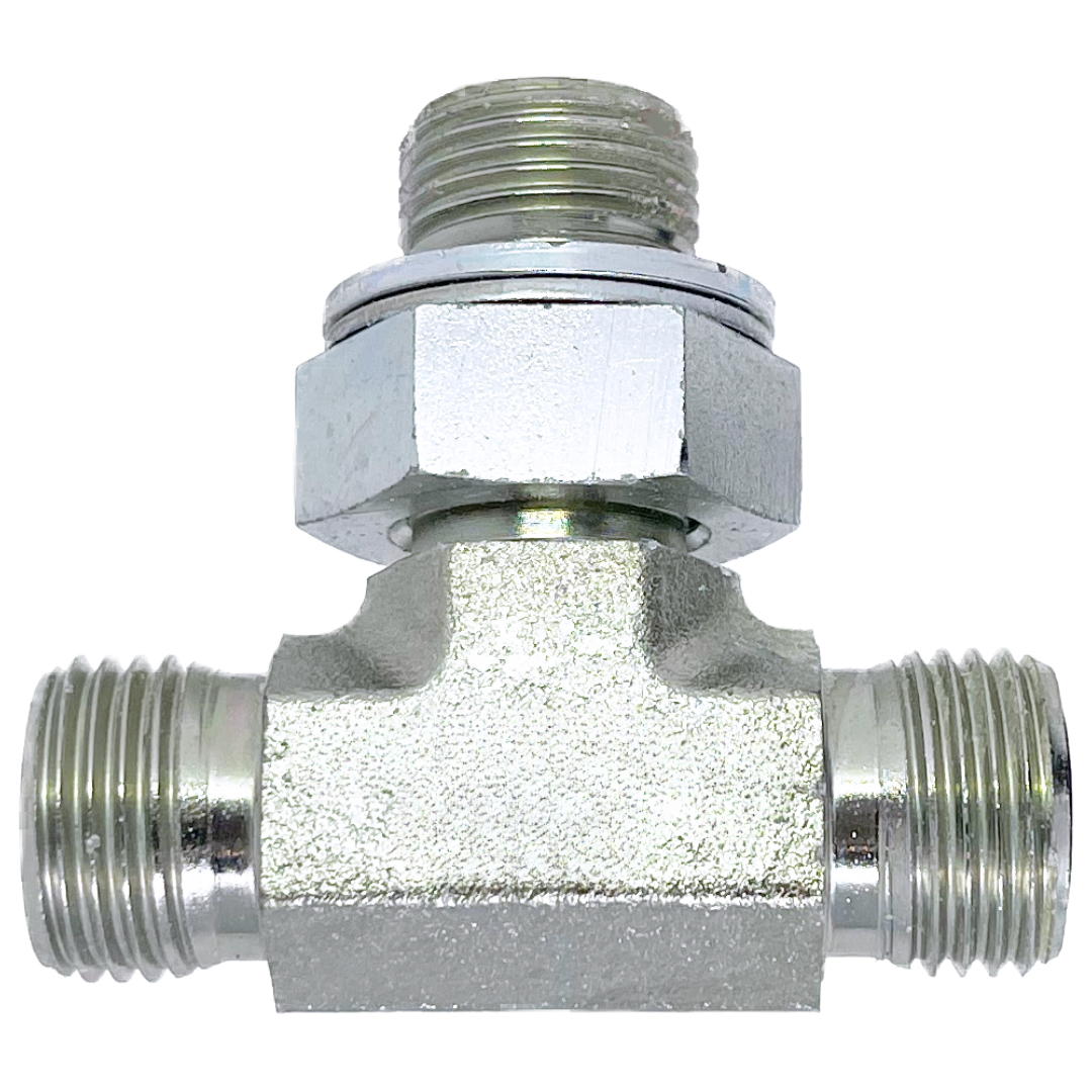 6159-10-10-08 : Adaptall Branch Tee Steel Adapter, 1-14 (-10) Male ORFS x 1-14 (-10) Male ORFS x 1/2-14 (-08) Male Adjustable BSPP