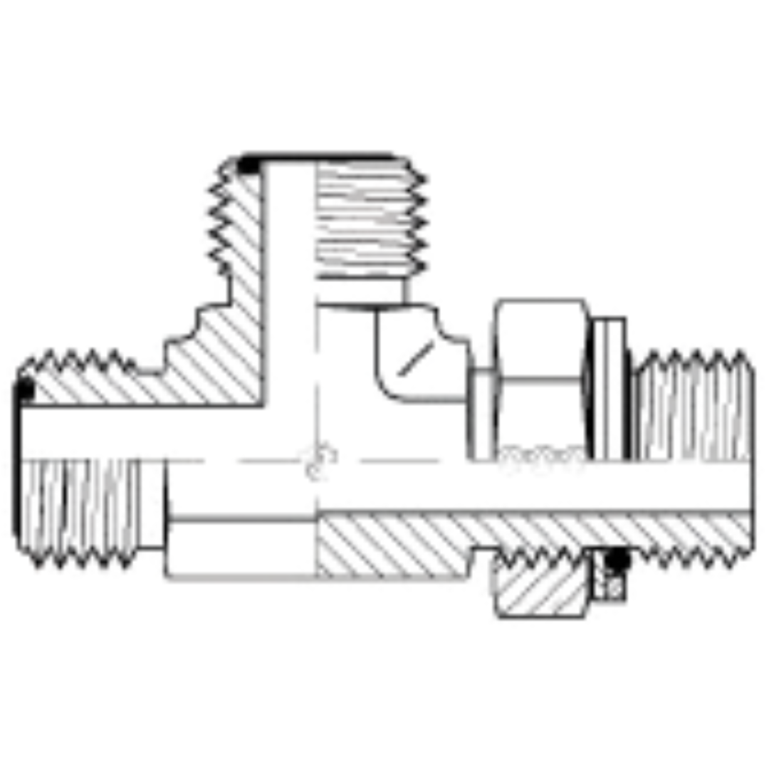 6168-06-06-14 : Adaptall Run Tee Steel Adapter, 11/16-16 (-06) Male ORFS x 11/16-16 (-06) Male ORFS x M14 X 1.5 (14mm) Male Adjustable Metric