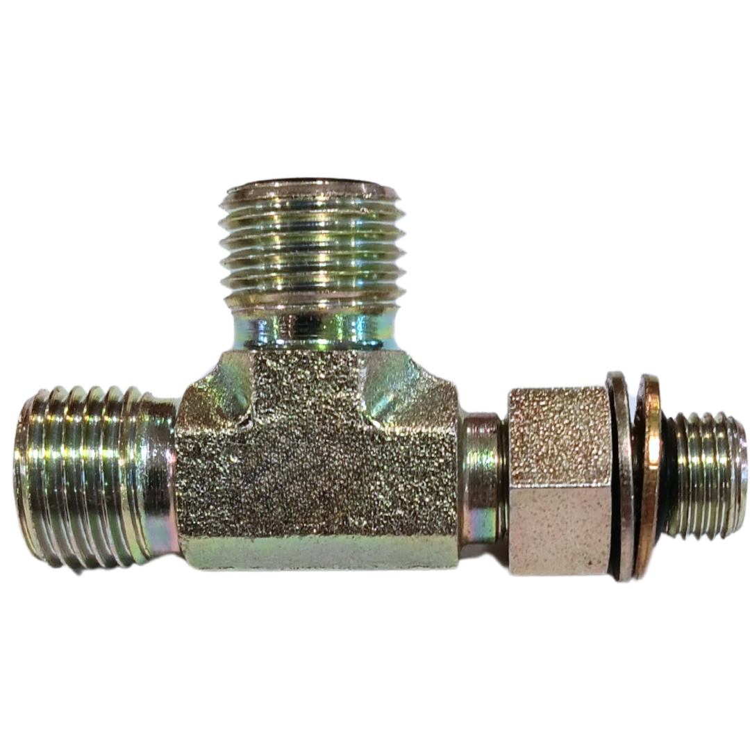 6168-06-06-14 : Adaptall Run Tee Steel Adapter, 11/16-16 (-06) Male ORFS x 11/16-16 (-06) Male ORFS x M14 X 1.5 (14mm) Male Adjustable Metric