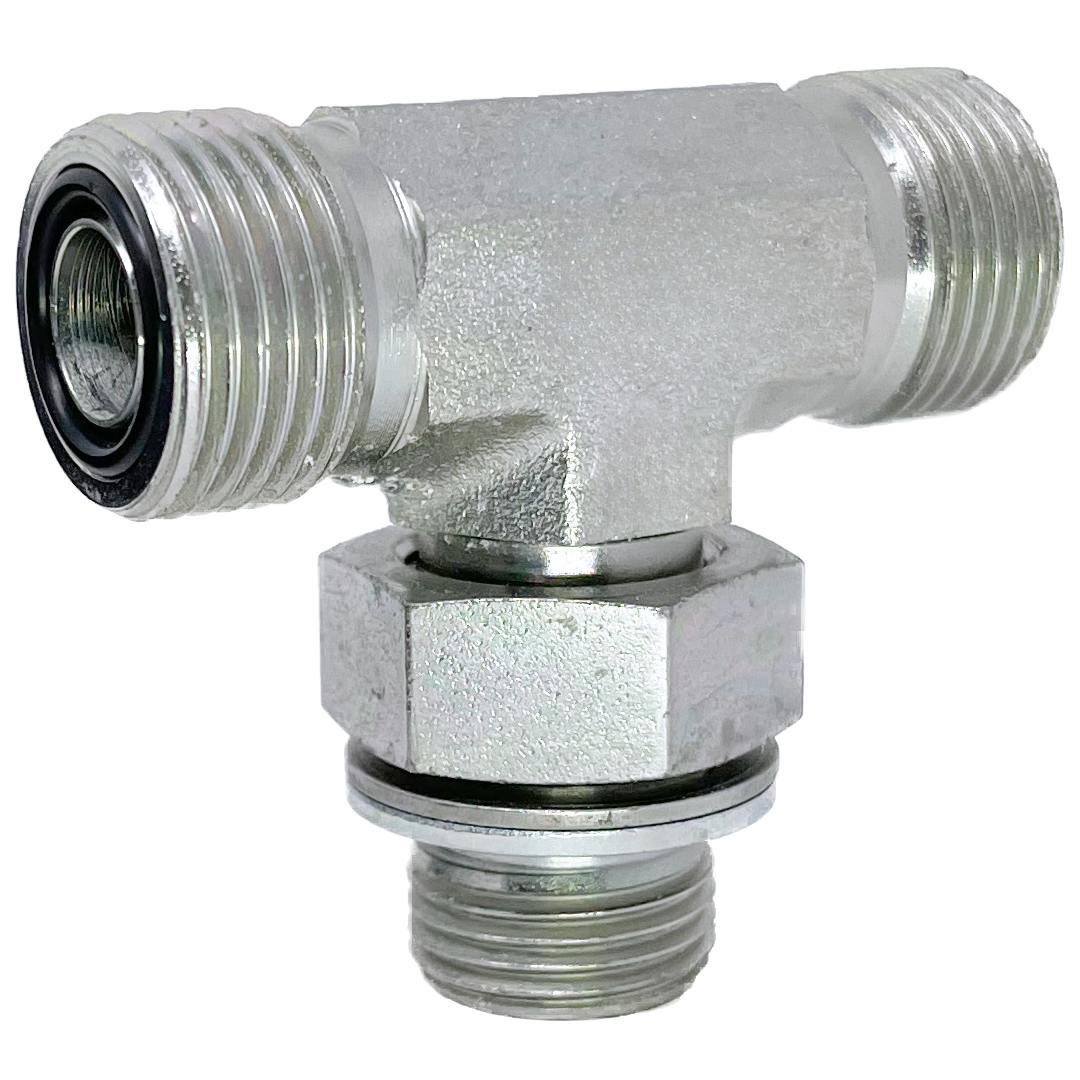 6169-04-04-10 : Adaptall Branch Tee Steel Adapter, 9/16-18 (-04) Male ORFS x 9/16-18 (-04) Male ORFS x M10 X 1.0 (10mm) Male Adjustable Metric