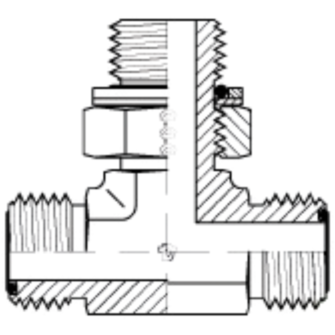 6169-04-04-10 : Adaptall Branch Tee Steel Adapter, 9/16-18 (-04) Male ORFS x 9/16-18 (-04) Male ORFS x M10 X 1.0 (10mm) Male Adjustable Metric
