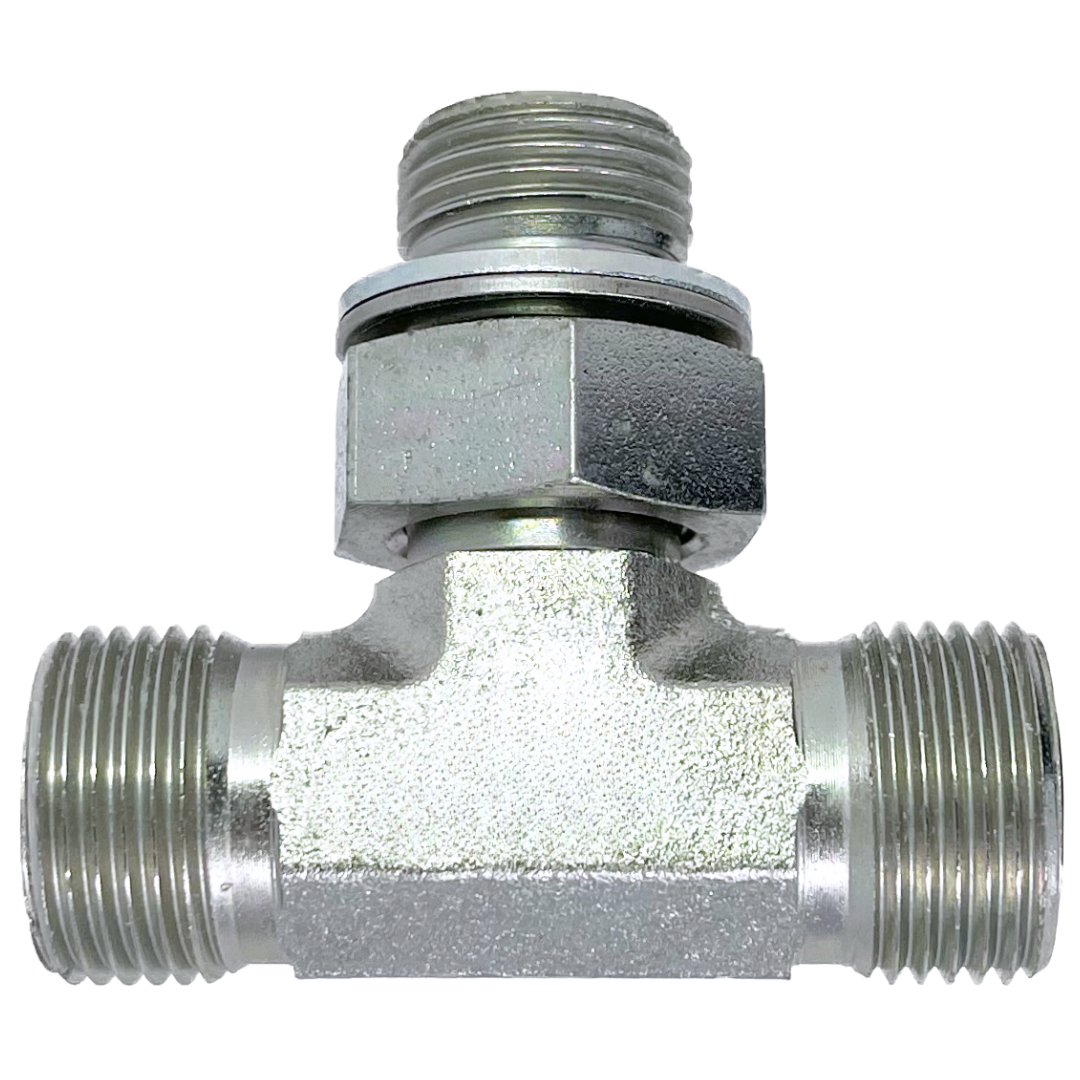 6169-04-04-10 : Adaptall Branch Tee Steel Adapter, 9/16-18 (-04) Male ORFS x 9/16-18 (-04) Male ORFS x M10 X 1.0 (10mm) Male Adjustable Metric