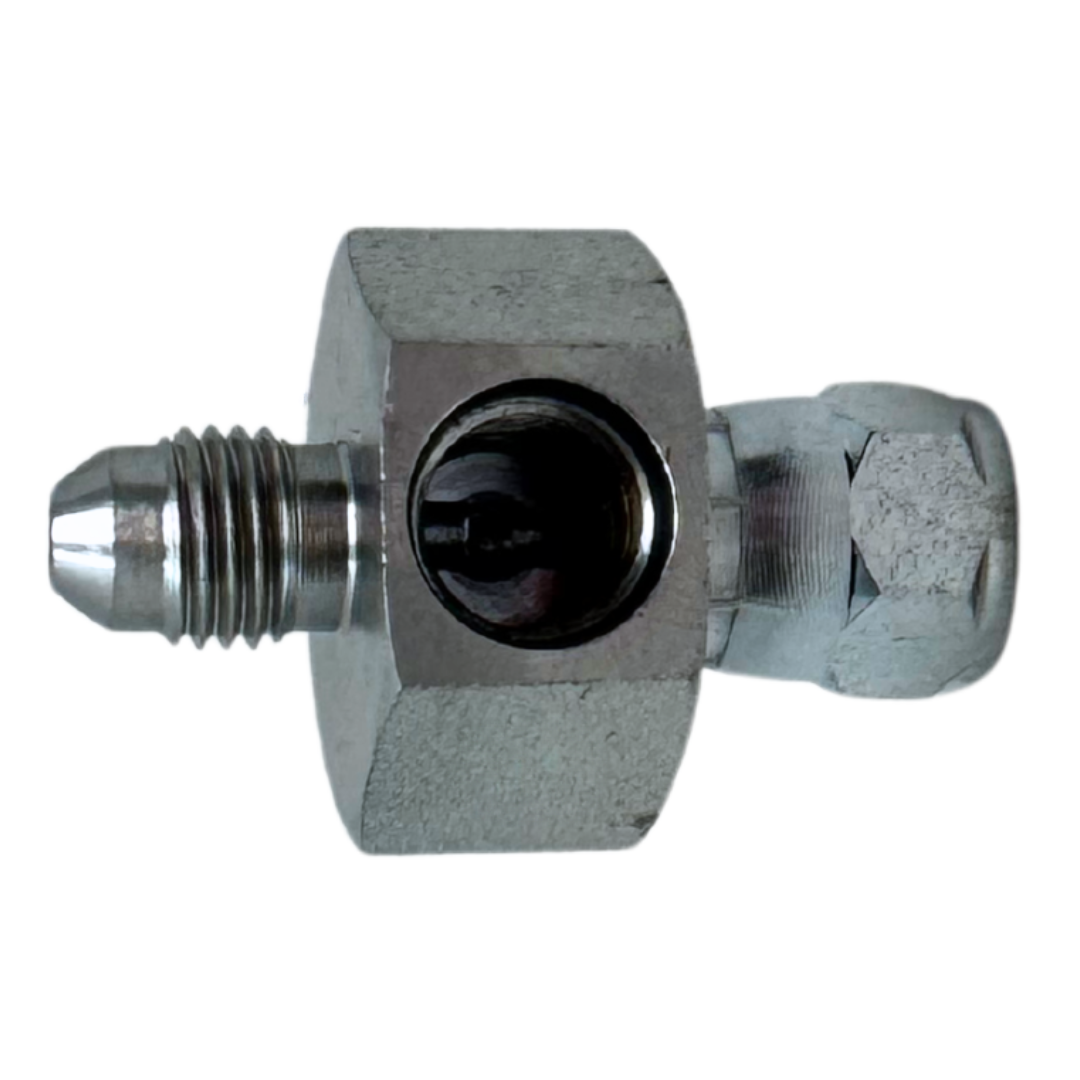6564-06-06-04 : OneHydraulics Gauge Port Branch Tee, 9/16-18 (-06) Male JIC x 9/16-18 (-06) Female JIC Swivel x 7/16-20 (-04) Female ORB, 5000psi