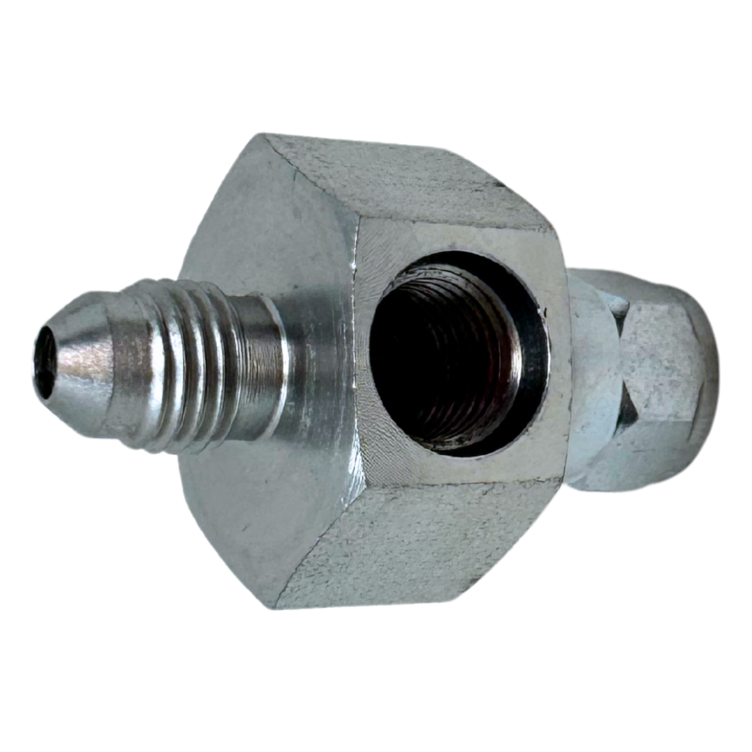 6564-06-06-04 : OneHydraulics Gauge Port Branch Tee, 9/16-18 (-06) Male JIC x 9/16-18 (-06) Female JIC Swivel x 7/16-20 (-04) Female ORB, 5000psi