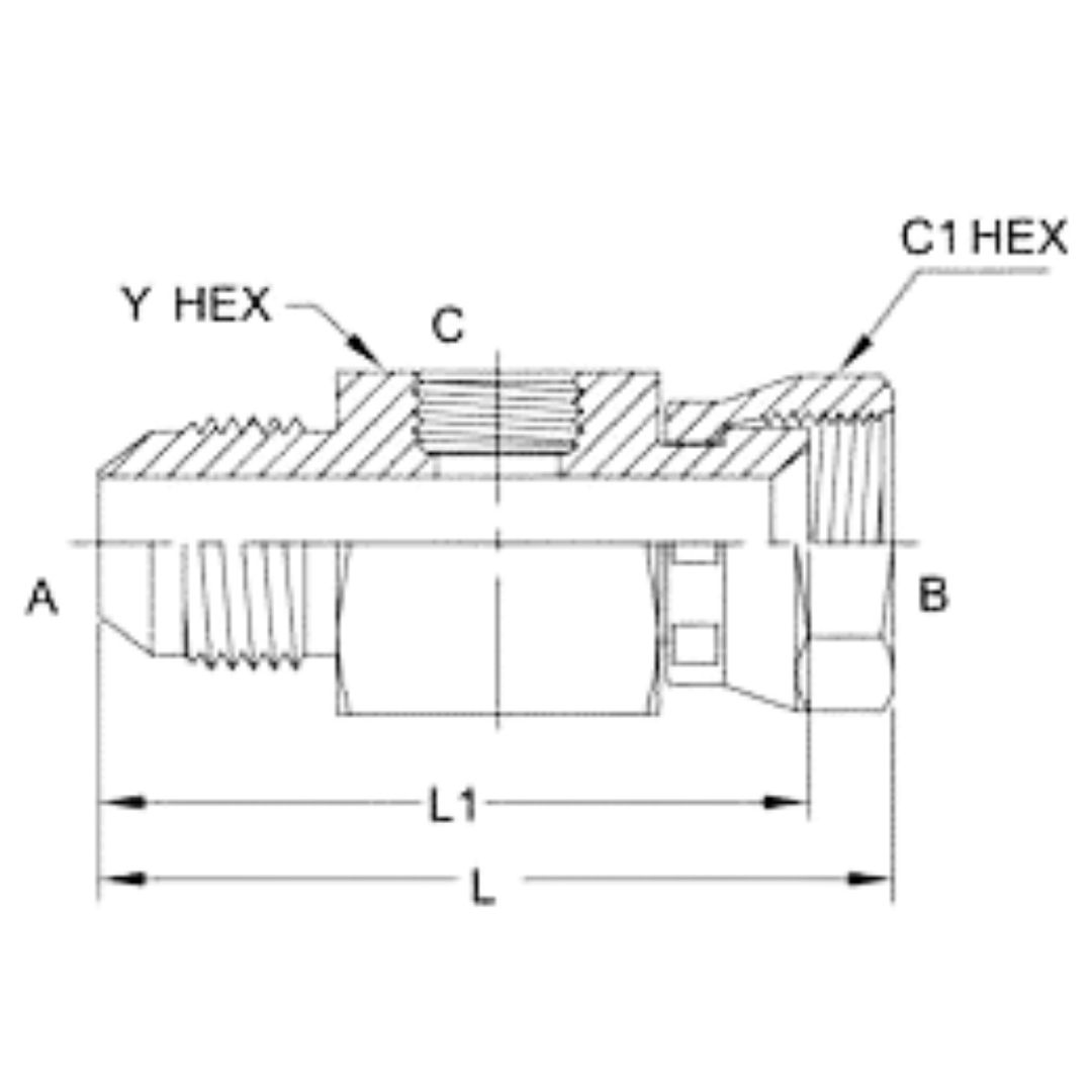 6564-10-10-04 : OneHydraulics Gauge Port Branch Tee, 7/8-14 (-10) Male JIC x 7/8-14 (-10) Female JIC Swivel x 7/16-20 (-04) Female ORB, 5000psi