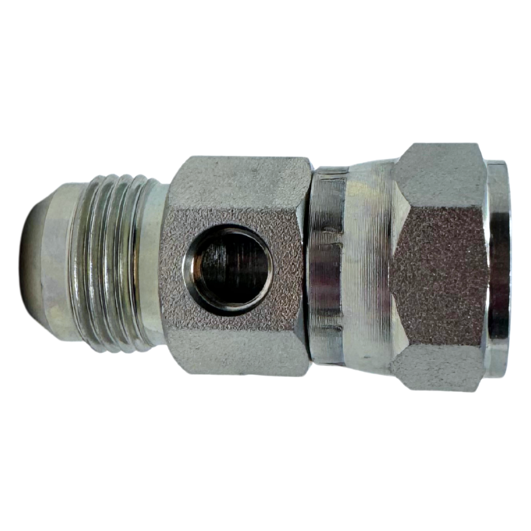 6564-10-10-04 : OneHydraulics Gauge Port Branch Tee, 7/8-14 (-10) Male JIC x 7/8-14 (-10) Female JIC Swivel x 7/16-20 (-04) Female ORB, 5000psi