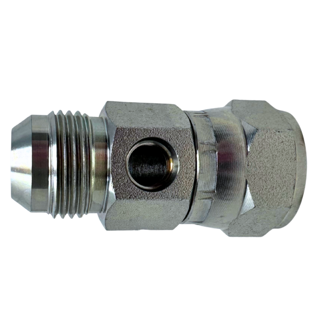 6564-10-10-04 : OneHydraulics Gauge Port Branch Tee, 7/8-14 (-10) Male JIC x 7/8-14 (-10) Female JIC Swivel x 7/16-20 (-04) Female ORB, 5000psi