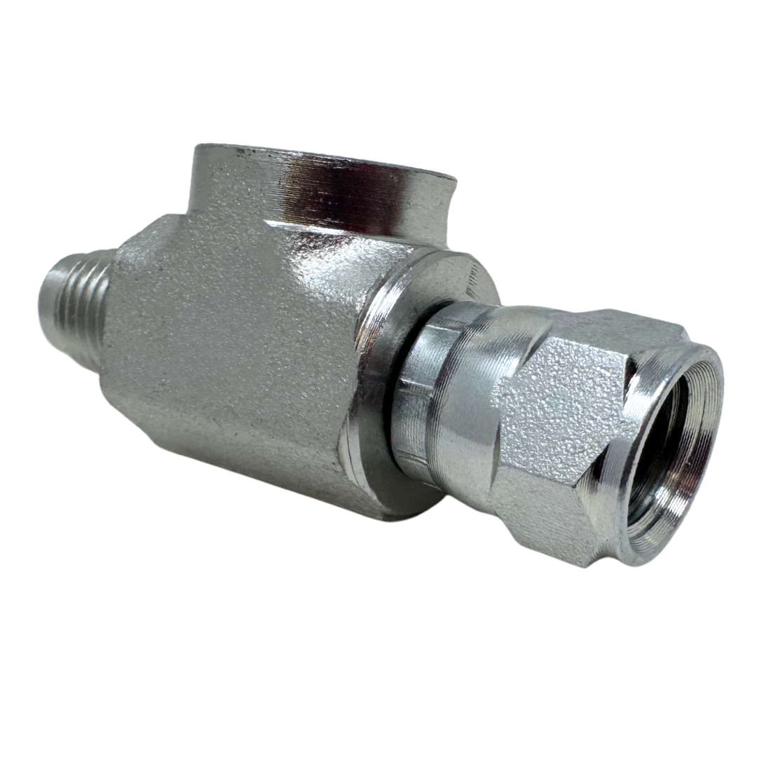 6574-04-04-04 : OneHydraulics Gauge Port Branch Tee, 7/16-20 (-04) Male JIC x 7/16-20 (-04) Female JIC Swivel x 1/4-18 (-04) Female NPTF, 5000psi